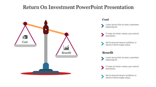 A balance scale comparing cost and benefit labeled with icons and corresponding text with arrows listed on the right.