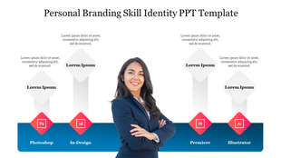 Four vertical gradient arrows with red icons at the base and a smiling professional woman in the center and a blue base.