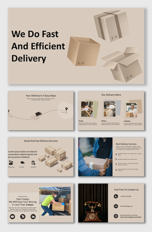 Slide deck with a beige theme, highlighting delivery processes, packaging visuals, and service details for logistics.