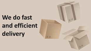 A delivery services PowerPoint template featuring boxes and a message about fast and efficient delivery.