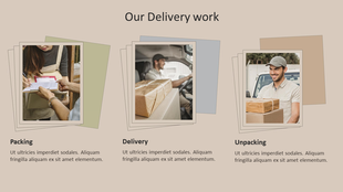 Delivery process slide with three photo frames labeled Packing, Delivery, and Unpacking, each with placeholder text.
