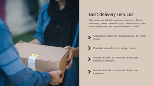 Delivery themed layout with a cardboard box being handed over, with a beige background and bulleted text on the right.