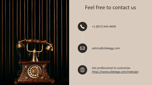Slide featuring a vintage telephone with a wooden body and brass receivers, and contact information on a beige background.