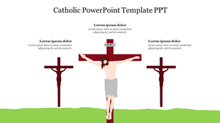Illustration of three crosses on a green field, with Jesus on the central cross, and placeholder text above.