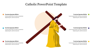 Illustration of Jesus in a yellow robe carrying a wooden cross, with six colored text areas arranged on both sides.