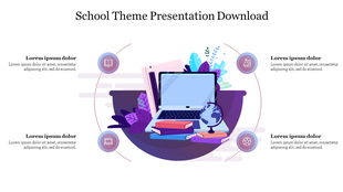 School themed slide with laptop, books, globe illustration at center and four circular icons around it, each with a text caption.