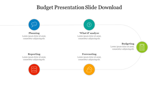 Budget slide with curved connected process flow featuring icons for planning, analysis, and budgeting.