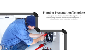 Plumber-themed slide with an image of a plumber working under a sink and a black pipe frame around the text area.