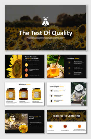 Slide deck featuring a sunflower field with honey farming pattern and a central quality assurance message.