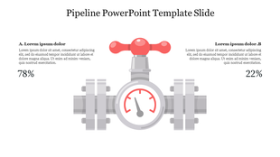 Pipeline PowerPoint template showing progress percentages and a pipeline graphic with a valve and placeholder text.