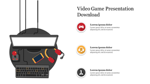 Gaming slide showing monitor, and joystick etc on desk, with three caption areas featuring red, yellow, and gray icons.