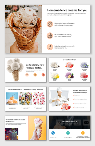 Ice cream PowerPoint featuring various slides showcasing homemade flavors, natural ingredients, and customer engagement.