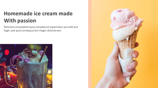 Delicious homemade ice cream PPT slide cone with two scoops against a bright orange backdrop.