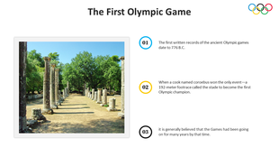 Ancient Olympic site with columns from the original Olympic Games location and three text sections.