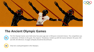 Illustration of three athletes holding spears in an orange background, followed by two text sections with numbered points.