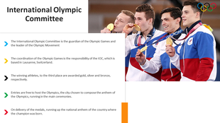 A slide discussing the international Olympic committee, with athletes holding medals and five bullet points.