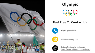 Contact Us slide featuring a person holding an Olympic flag, with contact information like phone, email, and a website link.