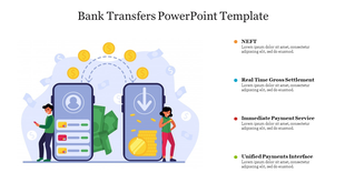 Digital transaction concept featuring two smartphones exchanging money with detailed banking service options.