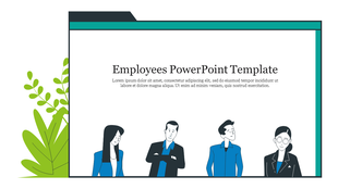 Employees PowerPoint template featuring four people in business attire with plants on the side with placeholder text.