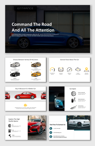 Luxury car slide deck featuring a blue sedan, product details, and information on spares and features.