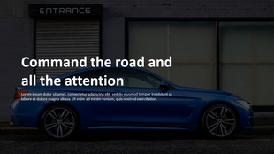 Blue sports car parked outside a building with a dark background and text overlay in white.