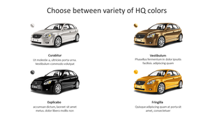 PPT slide showcasing different car models in various colors silver, black, and gold with text descriptions on a white theme.