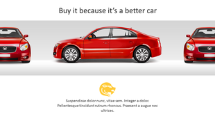 Central red car in a side profile with two mirrored front views on either side, on a gray gradient background.