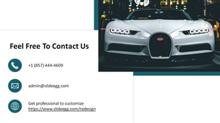 Contact slide with phone, email, and website information, accompanied by a white Bugatti sports car image on the right.