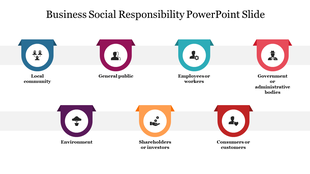 Business social responsibility PPT slide showcasing color coded icons for stakeholders from the local community to customers.