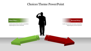 Choices slide with silhouette of a man between green and red arrows pointing in opposite directions with text boxes above.