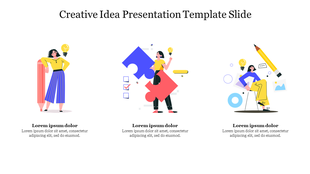 Creative idea slide with three female characters one with pencil, one with puzzle, and one seated with pencil and icons.