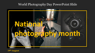 Dark themed slide featuring three part camera image layout with yellow borders and bold central text overlay.