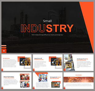 Small Industry slides featuring an industrial background and sections on introduction and challenges for small businesses.