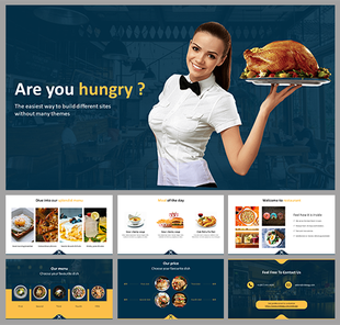 A restaurant themed presentation slides with a smiling waitress holding a dish, featuring food options and pricing details.