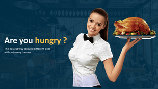 Restaurant slide featuring a smiling waitress in a white shirt holding a tray with a roasted turkey in a cozy cafe setting.