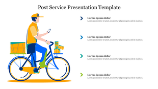 Post service slide featuring a cyclist with packages on a bike, with three arrows pointing right, each paired with a caption.