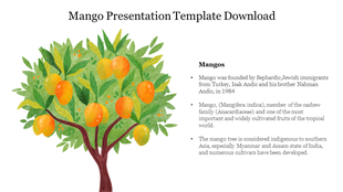 Illustration of a mango tree with bright yellow and orange fruit, alongside text about the history and origin.