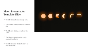Moon slide with a sequence of lunar phases on the right and text facts about the Moon on the left.