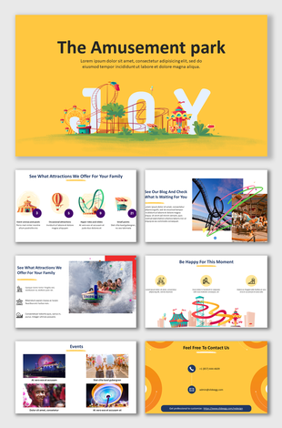 Slides featuring amusement park attractions, vibrant colors, icons about events, rides, and contact information.