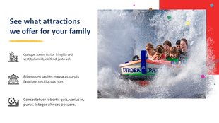 Vibrant slide layout with a colorful image of people on a water ride, and three bullet points with icons on the left.