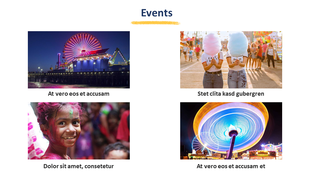 A vibrant amusement park scene PPT slide featuring a Ferris wheel at night, cotton candy, and a child with a painted face.