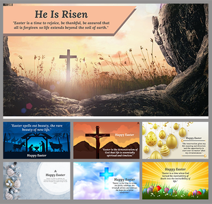 Easter slide pack featuring cross imagery, eggs, gold and white colors, and spiritual messages with scenic backgrounds.