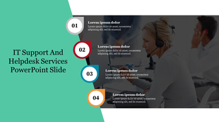 Slide with four numbered colorful circles for IT services, set against a blurred background of call center employees.