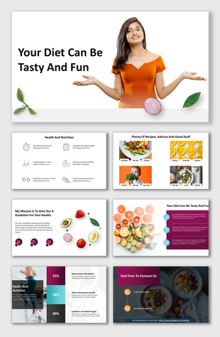 Slide deck featuring a mix of healthy diet tips, colorful food images, and fitness advice with modern, vibrant design.