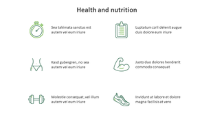 Slide with icons representing aspects of health and fitness, accompanied by placeholder text descriptions.