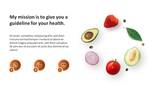 Health guideline PPT template with fruits and vegetables, showing sections A, B, and C for fitness, muscle, and wellness.