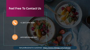Slide with contact info in a purple box, showing phone number and email, set over a blurred image of a breakfast bowl with fresh fruit.
