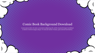 Comic book inspired background slide with a purple dotted halftone pattern and white cloud like edges.