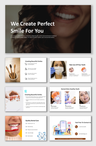 Professional dentist PowerPoint featuring slides on dental care, smile creation, and treatment options with icons.