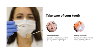 Dental care slide with a dentist holding tools, accompanied by icons for preventive care and family dentistry with captions.